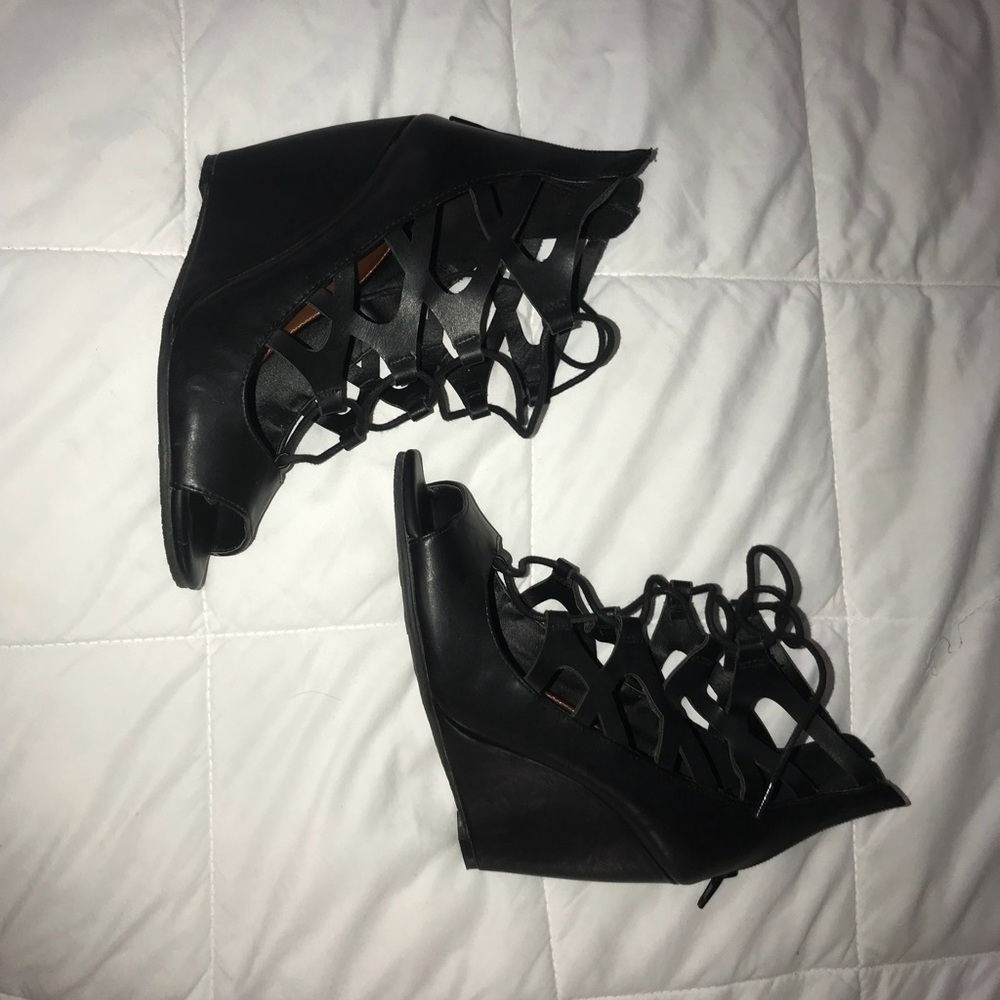 Strappy Black leather Lace up wedges